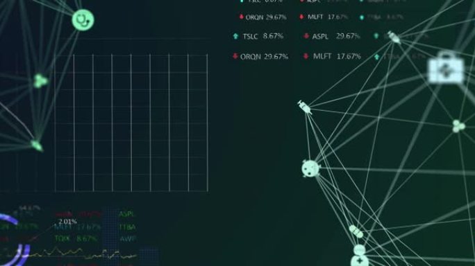 全球医疗图标旋转反对黑色背景下的股市数据处理