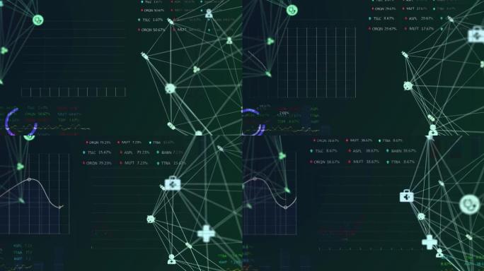 全球医疗图标旋转反对黑色背景下的股市数据处理