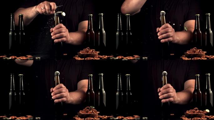 超级慢动作男人的手用啤酒开瓶器打开瓶子。以1000 fps的高速相机拍摄。
