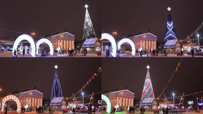 白俄罗斯戈梅利。戈梅利地区戏剧剧院和主圣诞树，在列宁广场上有节日照明。新年，白俄罗斯的寒假