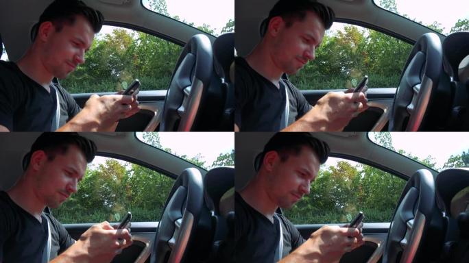年轻英俊的男人开车 (等待) 并在智能手机上打字-背景中的自然