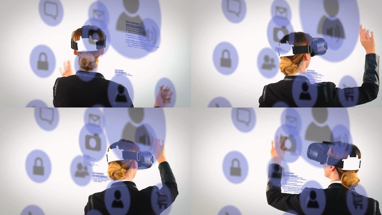 在白色背景下戴着虚拟现实耳机的女商人的后视图上的多个数字图标