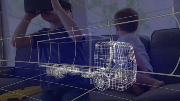 卡车3d技术图动画，男孩在家戴vr耳机