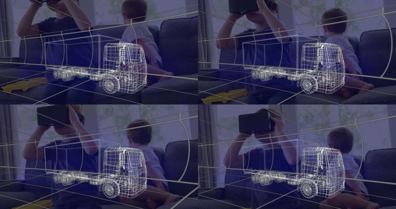 卡车3d技术图动画，男孩在家戴vr耳机
