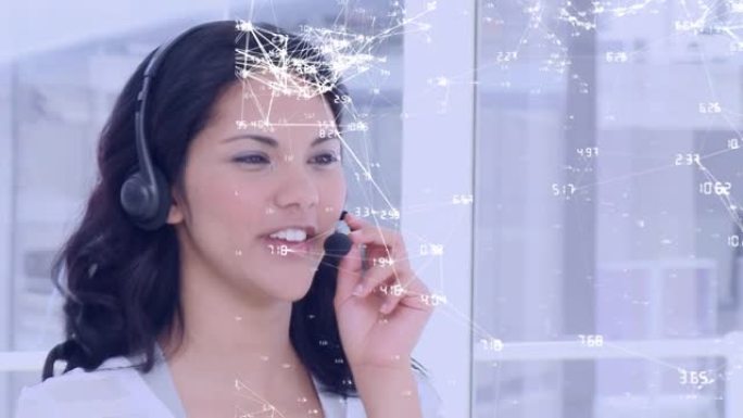使用电话耳机通过女商人连接网络的地球仪动画