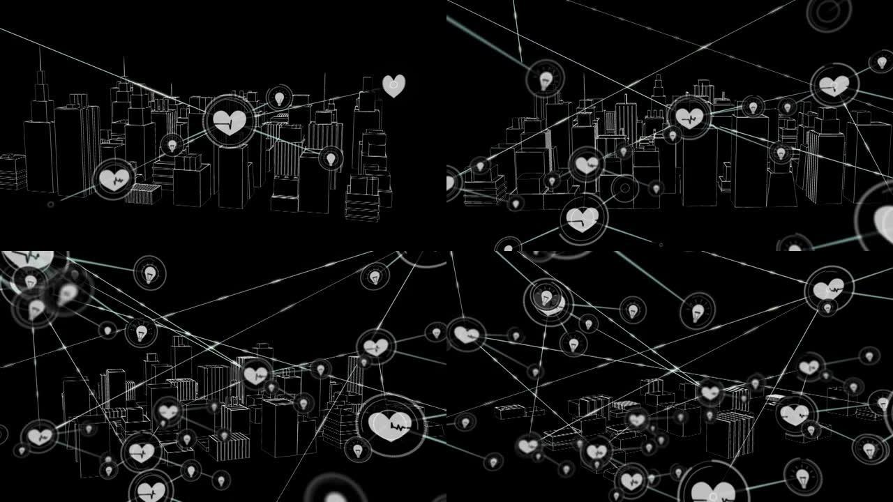 黑色背景上的3d城市图标连接网络动画