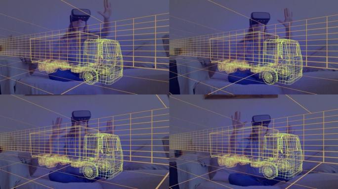卡车3d技术图动画，在家中戴着vr耳机的女人