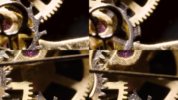 旧复古复古钟表机构特写细节，棘轮弹簧，齿轮