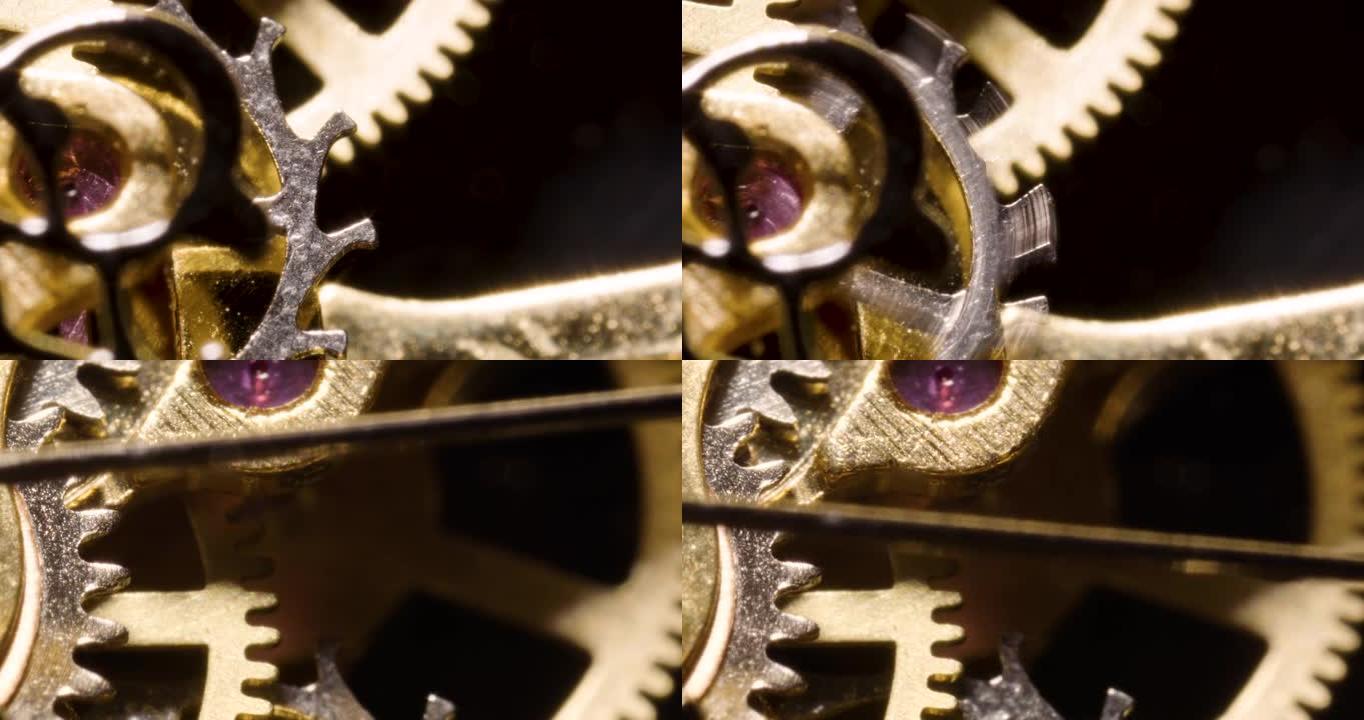 旧复古复古钟表机构特写细节，棘轮弹簧，齿轮