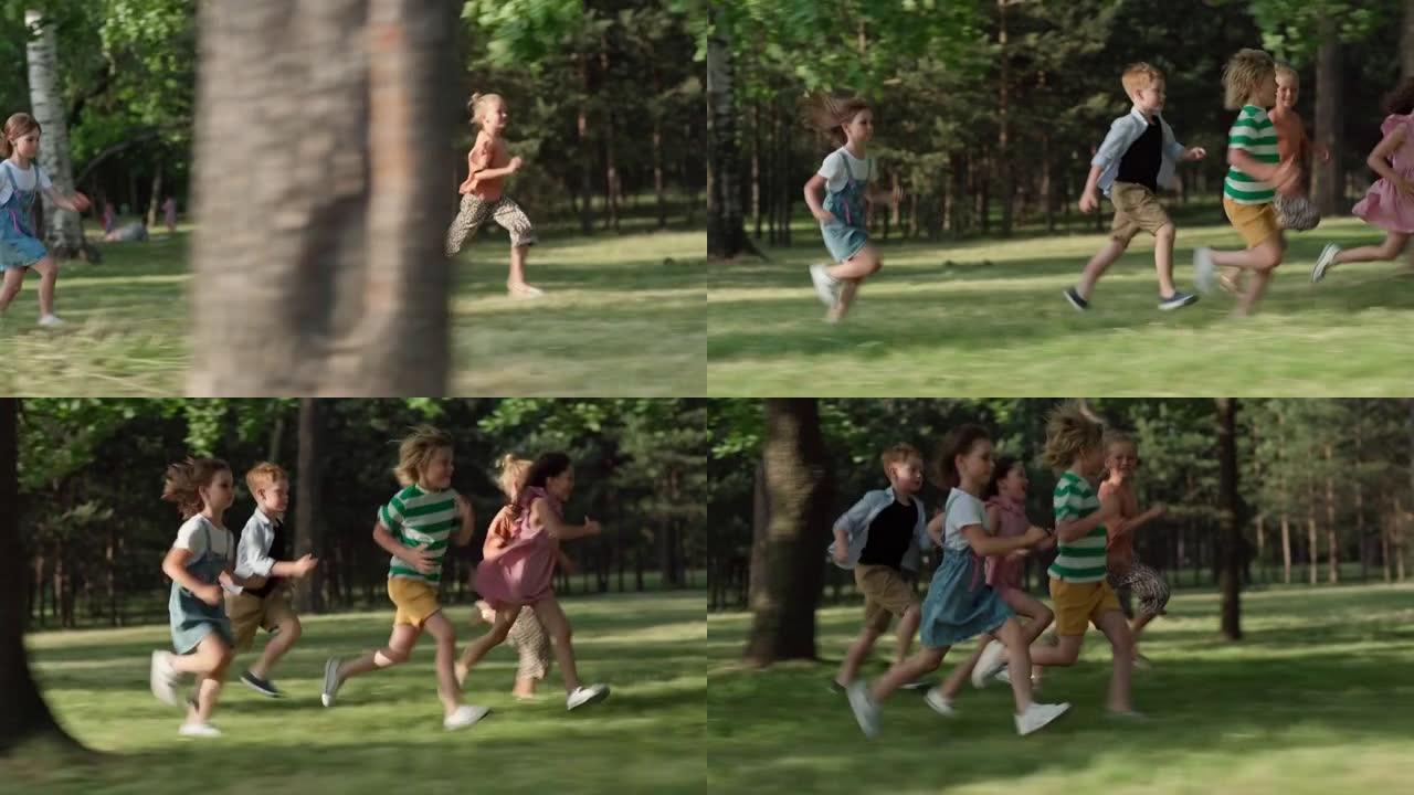 公园里快乐无忧无虑的孩子在绿草地上奔跑的侧视图。小朋友们玩得开心，试图比朋友跑得更快。一群活跃的孩子
