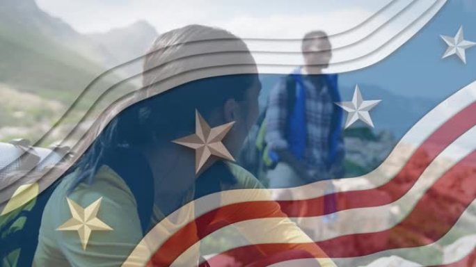 美国国旗在山上微笑的非洲裔美国夫妇的动画
