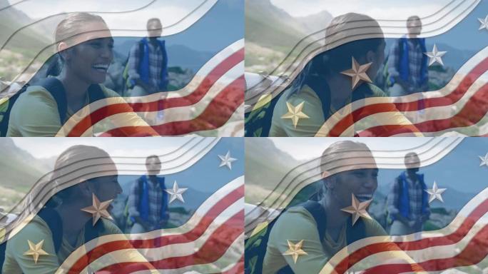 美国国旗在山上微笑的非洲裔美国夫妇的动画