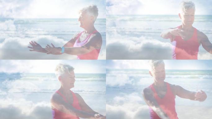 在海边练习瑜伽的快乐高级女人身上发光的动画