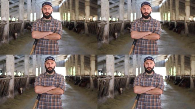 4k视频肖像，年轻的男性农场工人留着胡须和帽子，拿着铲子，看着奶牛场里的摄像机，担心而严肃