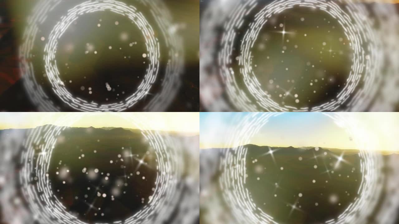白色闪闪发光的斑点和圆圈在风景上旋转的动画