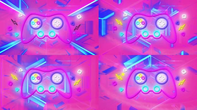 霓虹灯游戏控制板在充满活力的霓虹灯背景上闪烁的动画