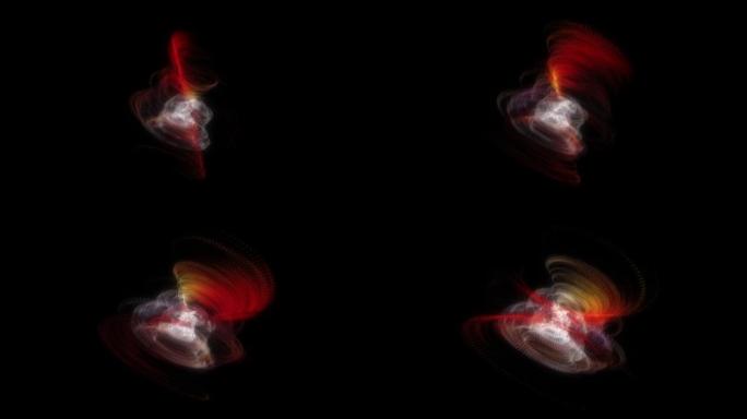 抽象扭曲发光的白色红色不明旋转物体。4K 3D渲染抽象艺术不明发光神秘物体在黑色背景上旋转。幻想科幻