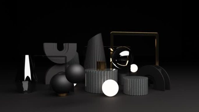 在黑色背景上放置带有闪亮黑色纹理和镜子的几何形状。3d渲染动画循环