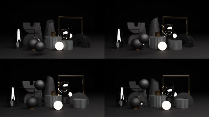 在黑色背景上放置带有闪亮黑色纹理和镜子的几何形状。3d渲染动画循环