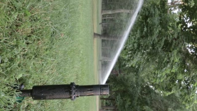 草坪灌溉系统在绿色公园工作。在炎热的天气里用水喷洒草坪。自动洒水器。自动浇水喷头浇灌草坪。智能花园。
