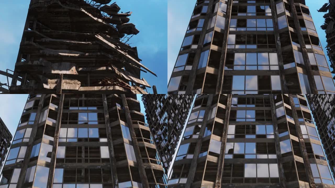 一座被爆炸和战争完全摧毁的多层摩天大楼的特写视图