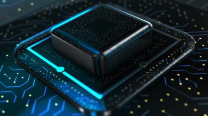 印刷电路板上的3D渲染中央处理器单元芯片组，用于电子和技术概念选择聚焦浅景深股票视频
