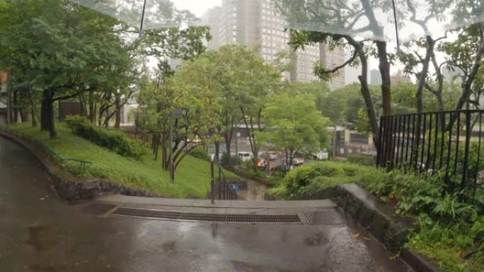 在雨天从带伞的城市公园看摩天大楼