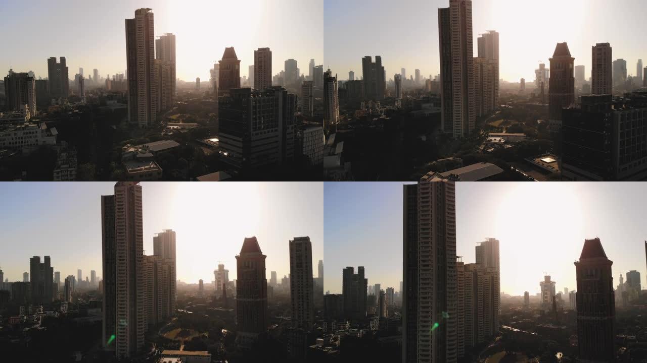 孟买市现代城市高层摩天大楼的轮廓鸟瞰图，美丽的早晨拍摄。4k，无人机在印度城市上空飞行。