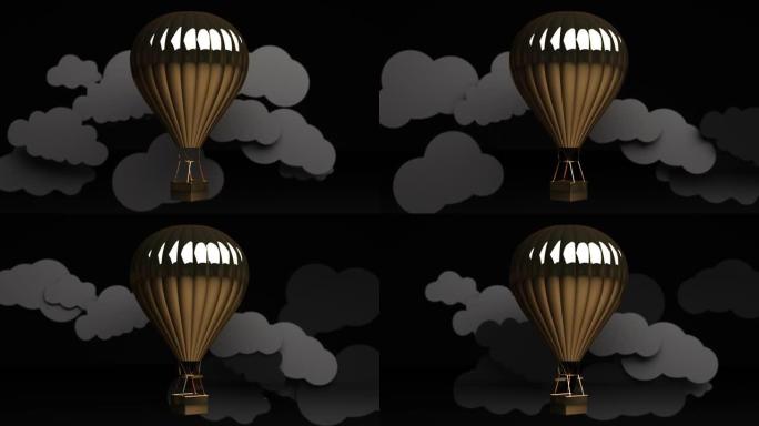 黑色背景3d渲染动画循环上系着金色气球的深色礼品盒从天而降，穿过移动的云层