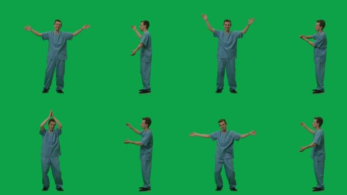 身穿蓝色西装的年轻人的肖像外科医生正在跳舞并拍手。绿屏背景上的2合1拼贴正面和侧面视图全长。慢动作就