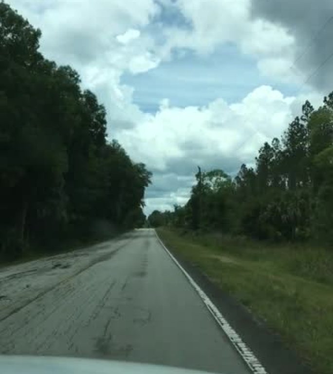驾驶员沿着空旷的直路穿过森林，上面有云