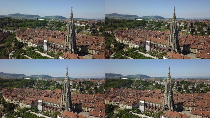 瑞士晴天伯尔尼城市景观主教座堂塔空中全景4k