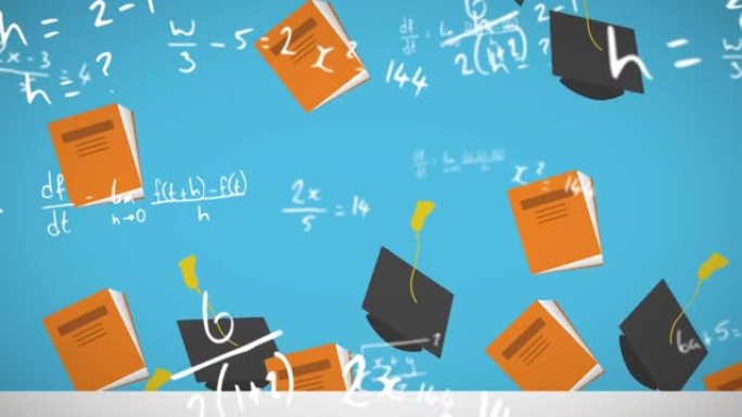 蓝色背景上的数学方程和毕业帽动画