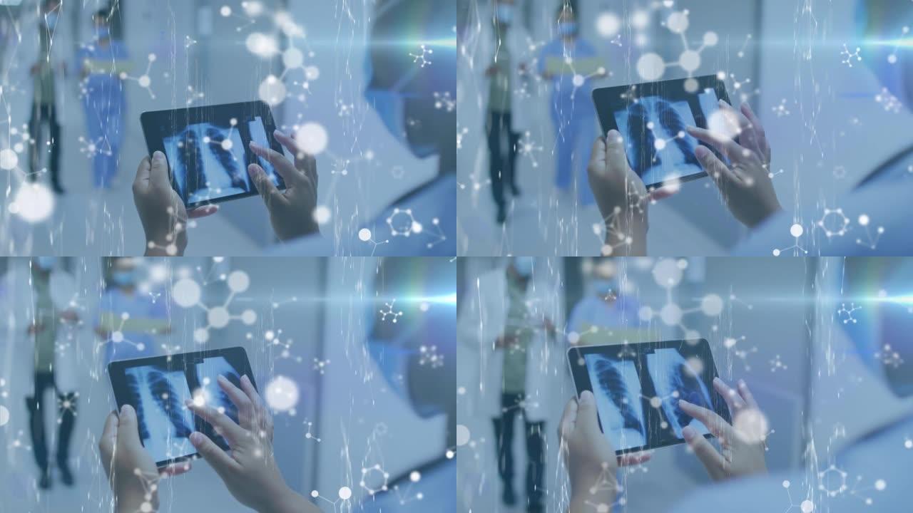 在医院使用数字平板电脑检查x射线的女性医生漂浮的分子结构
