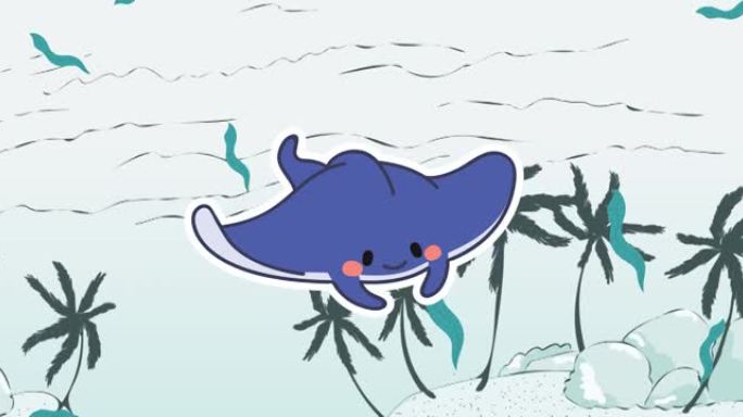 蓝色黄貂鱼在海洋背景上游泳的动画