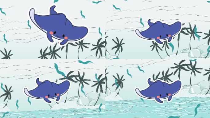 蓝色黄貂鱼在海洋背景上游泳的动画