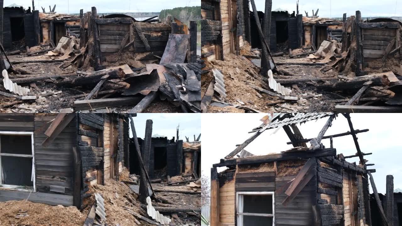 火灾后，一座荒芜的木屋被烧毁