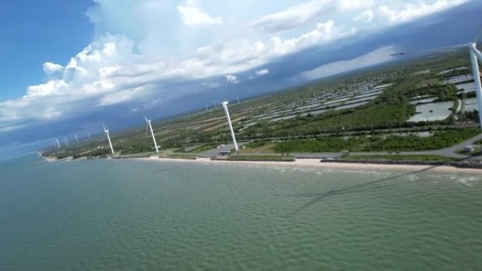 沿海风力涡轮机农场的鸟瞰图无人机，一种可持续能源，可再生能源，比化石燃料污染更便宜，更清洁，有助于应
