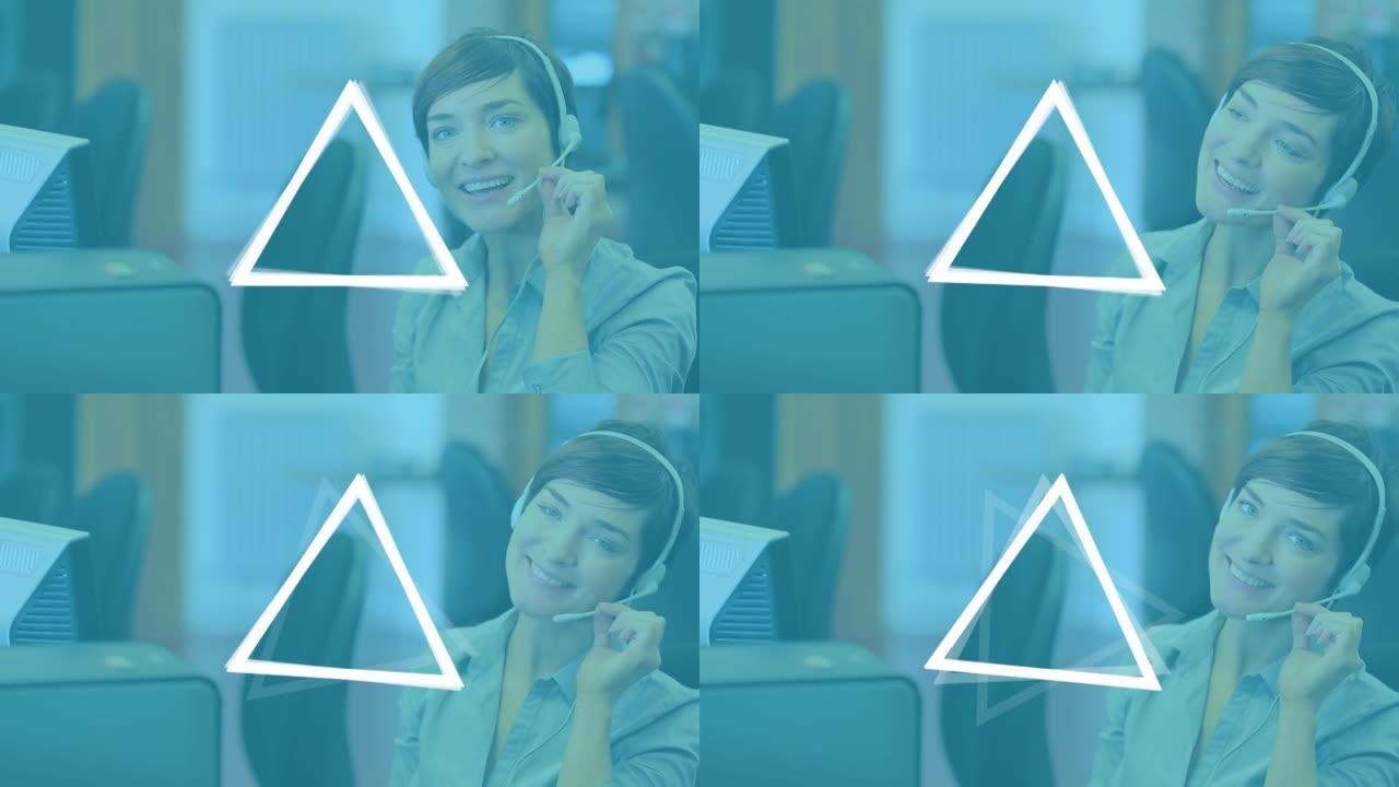 使用耳机在女商人身上旋转的白色三角形动画
