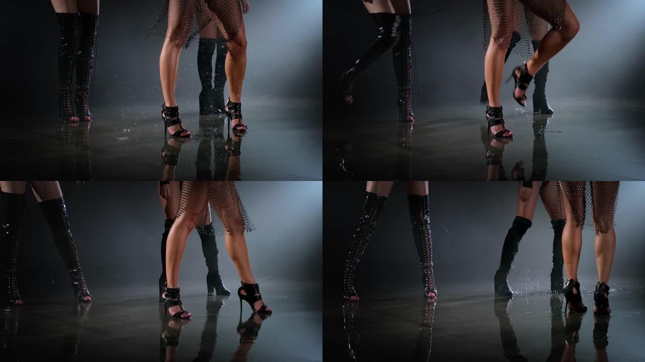性感的长腿女孩在高跟鞋上跳舞