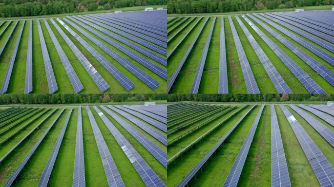 光伏转换器反射太阳的光线。农村。太阳能农场，侧视图。对替代能源的投资。