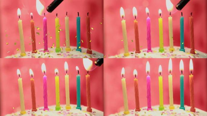 金色五彩纸屑掉落在彩色生日蛋糕上的动画蛋糕蜡烛在蛋糕上点燃