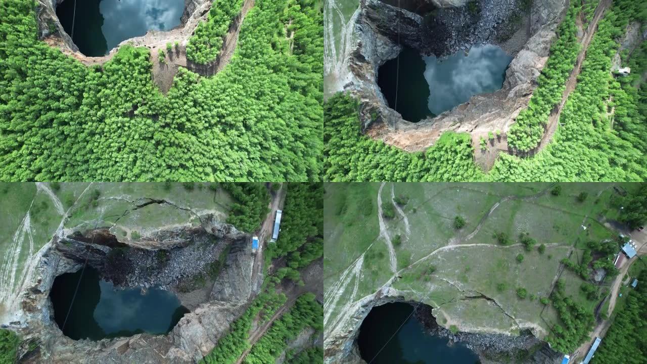 山里的一个湖，是由于矿井故障而形成的。一个美丽的不寻常的地方，一种自然现象-俄罗斯哈卡斯的Tuims