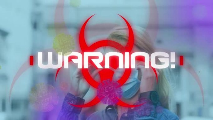 covid 19数据处理和生物危害符号上的细胞动画和面罩中的女人