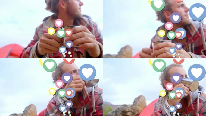 社交媒体心脏图标的动画和男人喝咖啡的数字