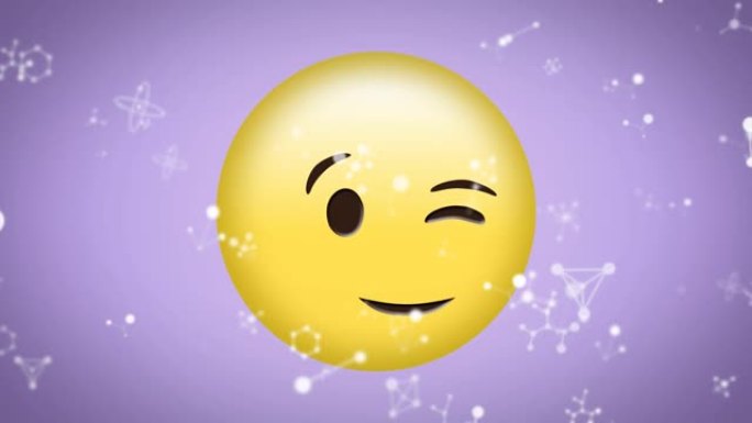 白色网络的动画漂浮在快乐上，淡紫色背景上的眨眼表情符号