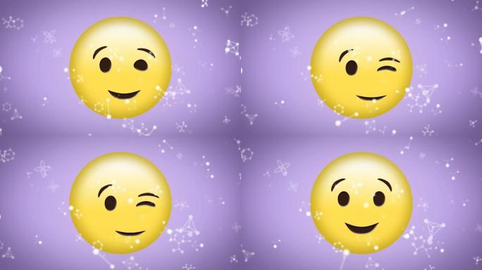 白色网络的动画漂浮在快乐上，淡紫色背景上的眨眼表情符号