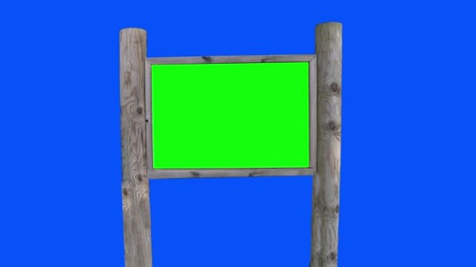 Choma key，3D广告牌模型。绿屏空白横幅，蓝屏背景。几个空木板。