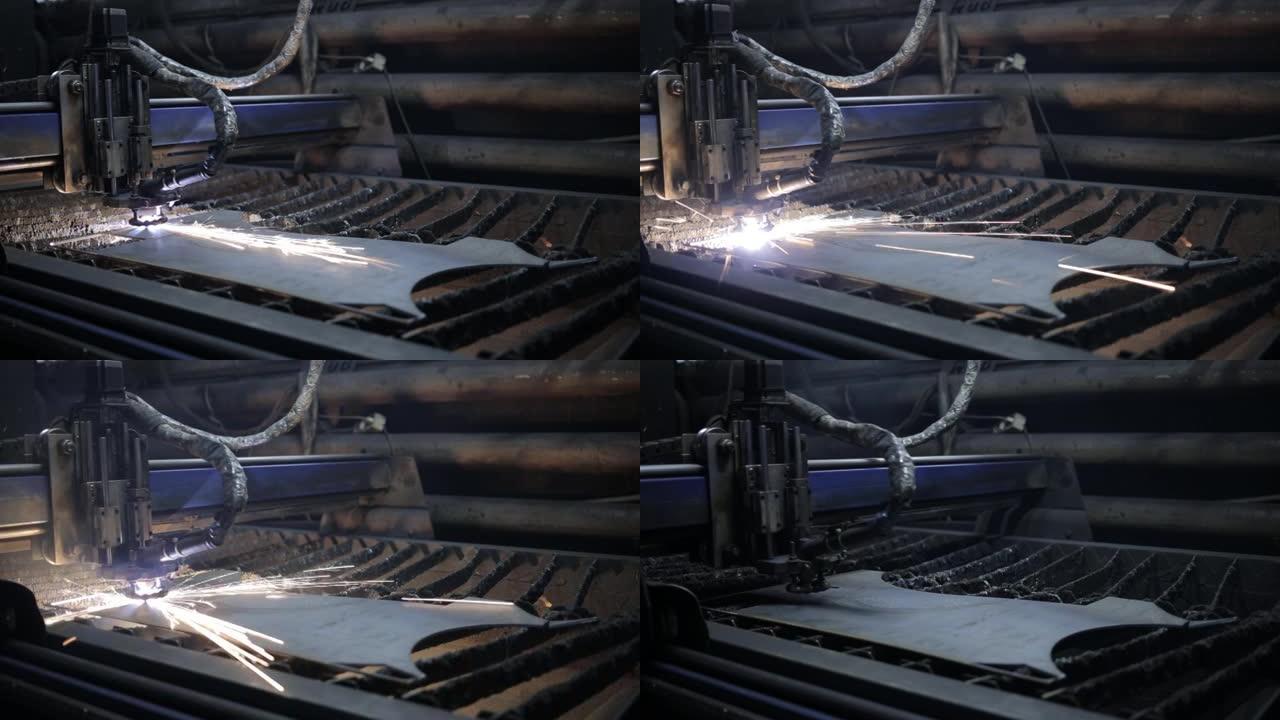 在车间切割金属板。重工业中的现代工具。钢零件的高精度制造。室内过程自动化。铁制品的自动工作。特写电脑