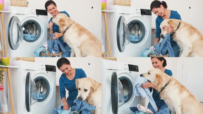 带狗装洗衣机的女人
